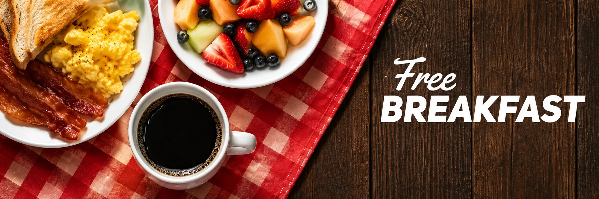 Free Breakfast: bacon, scrambled eggs, toast, fresh fruit and coffee, included with your stay