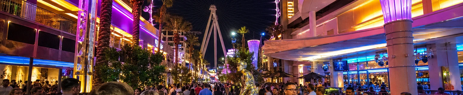 Neon-lit Las Vegas entertainment promenade with crowds and the observation wheel